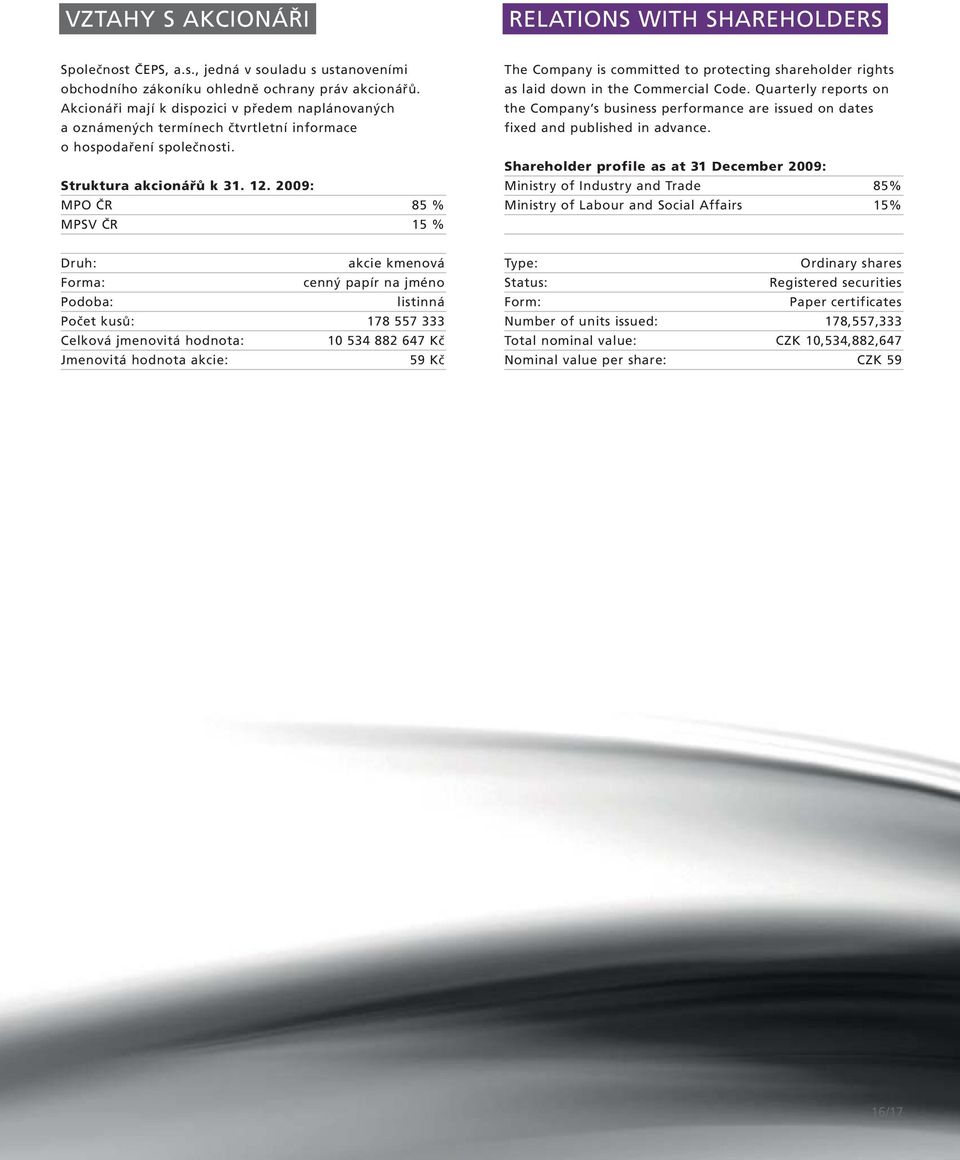 2009: MPO ČR 85 % MPSV ČR 15 % The Company is committed to protecting shareholder rights as laid down in the Commercial Code.