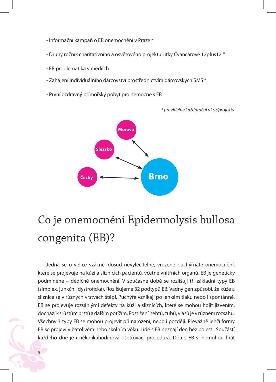 Jedná se o velice vzácné, dosud nevyléčitelné, vrozené puchýřnaté onemocnění, které se projevuje na kůži a sliznicích pacientů, včetně vnitřních orgánů. EB je geneticky podmíněné dědičné onemocnění.