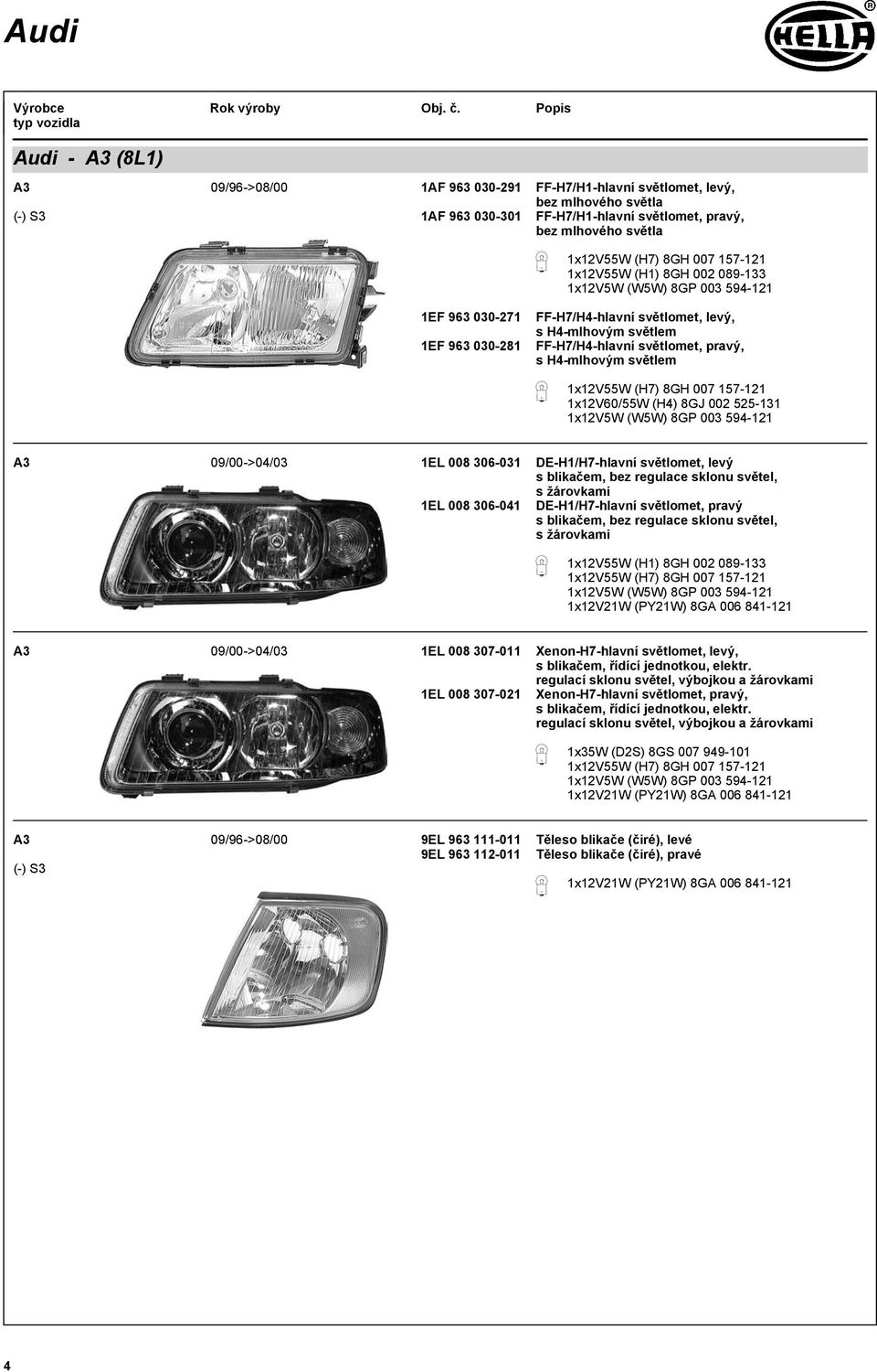 A3 09/00->04/03 1EL 008 306-031 DE-H1/H7-hlavní světlomet, levý s blikačem, bez regulace sklonu světel, s žárovkami 1EL 008 306-041 DE-H1/H7-hlavní světlomet, pravý s blikačem, bez regulace sklonu