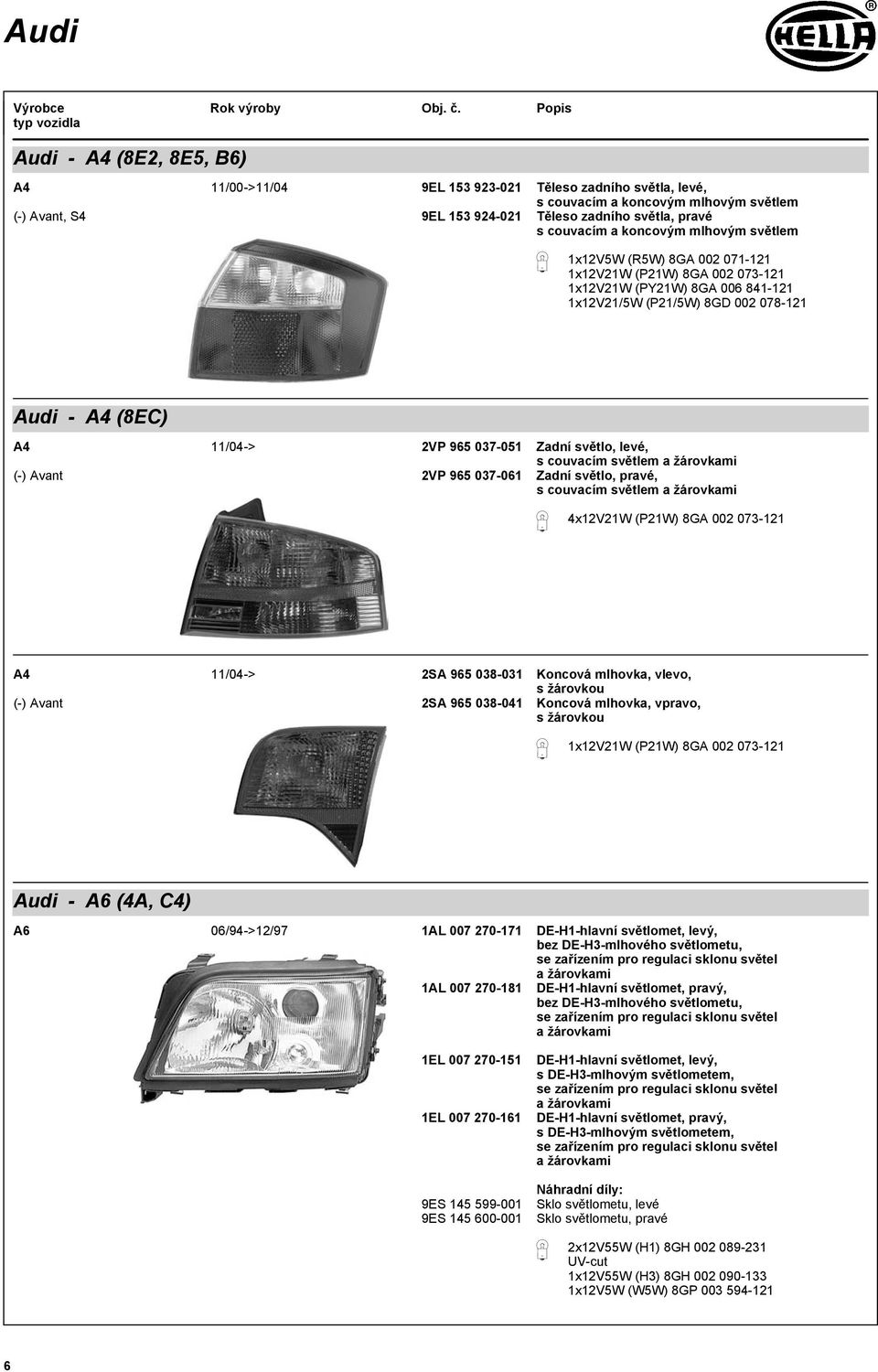 073-121 A4 11/04-> (-) Avant 2SA 965 038-031 2SA 965 038-041 Koncová mlhovka, vlevo, Koncová mlhovka, vpravo, Aui - A6 (4A, C4) A6 06/94->12/97 1AL 007 270-171 DE-H1-hlavní světlomet, levý, bez