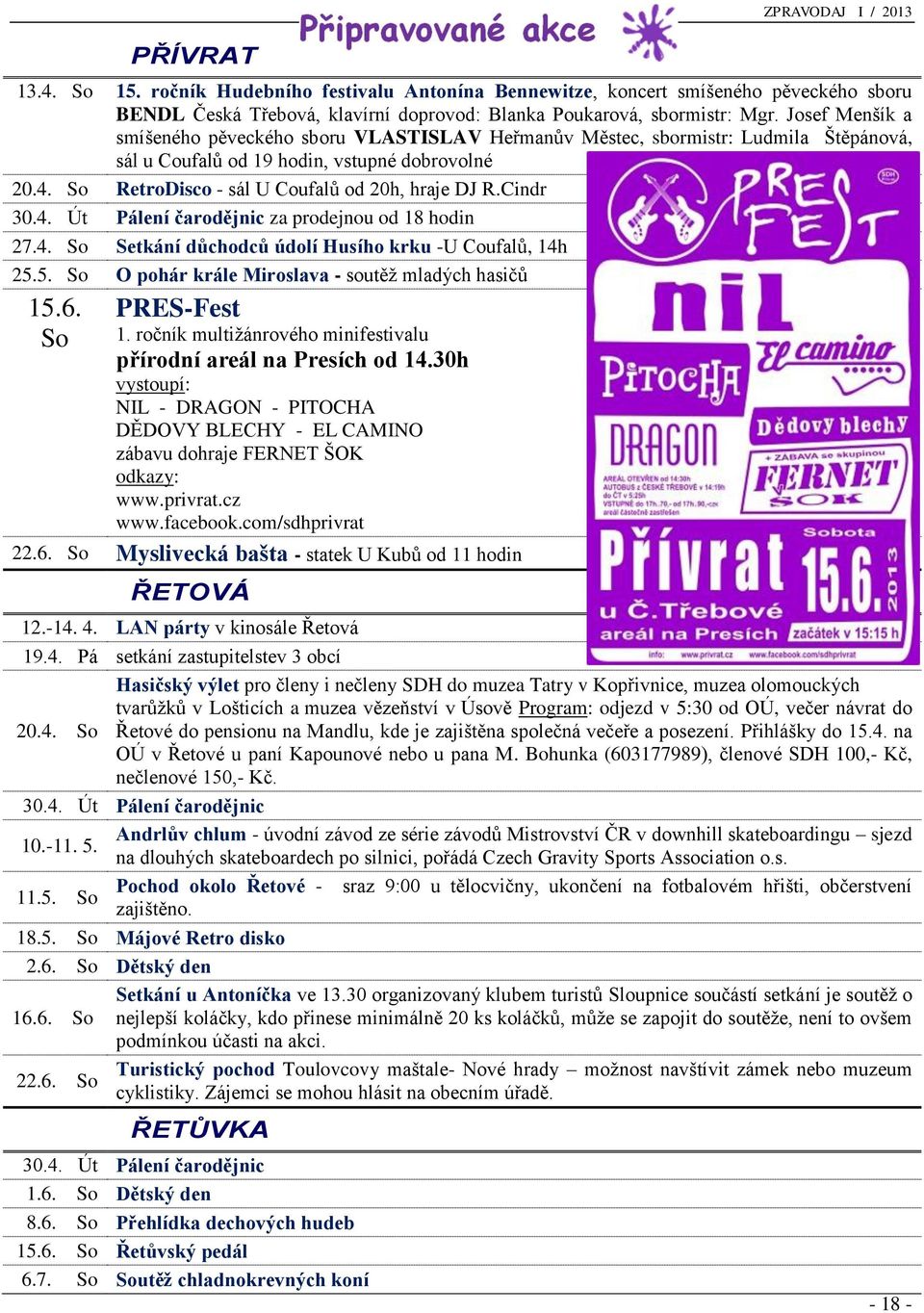 Cindr 30.4. Út Pálení čarodějnic za prodejnou od 18 hodin 27.4. So Setkání důchodců údolí Husího krku -U Coufalů, 14h 25.5. So O pohár krále Miroslava - soutěž mladých hasičů 15.6. So PRES-Fest 1.