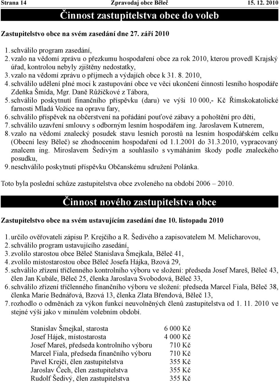 schválilo udělení plné moci k zastupování obce ve věci ukončení činnosti lesního hospodáře Zdeňka Šmída, Mgr. Daně Růžičkové z Tábora, 5.