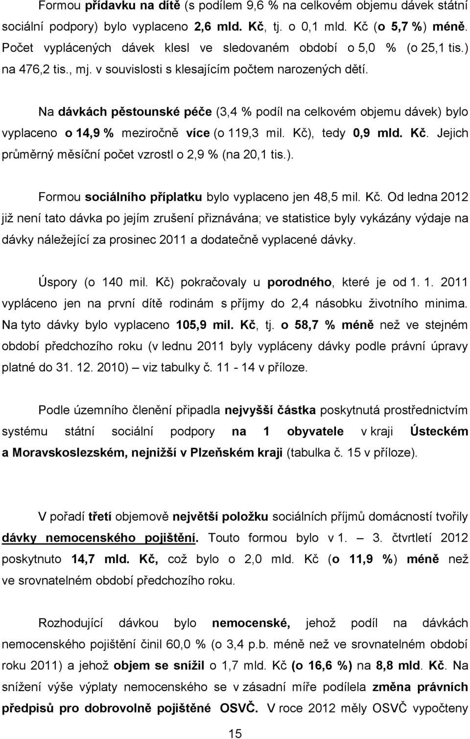 Na dávkách pěstounské péče (3,4 % podíl na celkovém objemu dávek) bylo vyplaceno o 14,9 % meziročně více (o 119,3 mil. Kč), tedy 0,9 mld. Kč. Jejich průměrný měsíční počet vzrostl o 2,9 % (na 20,1 tis.