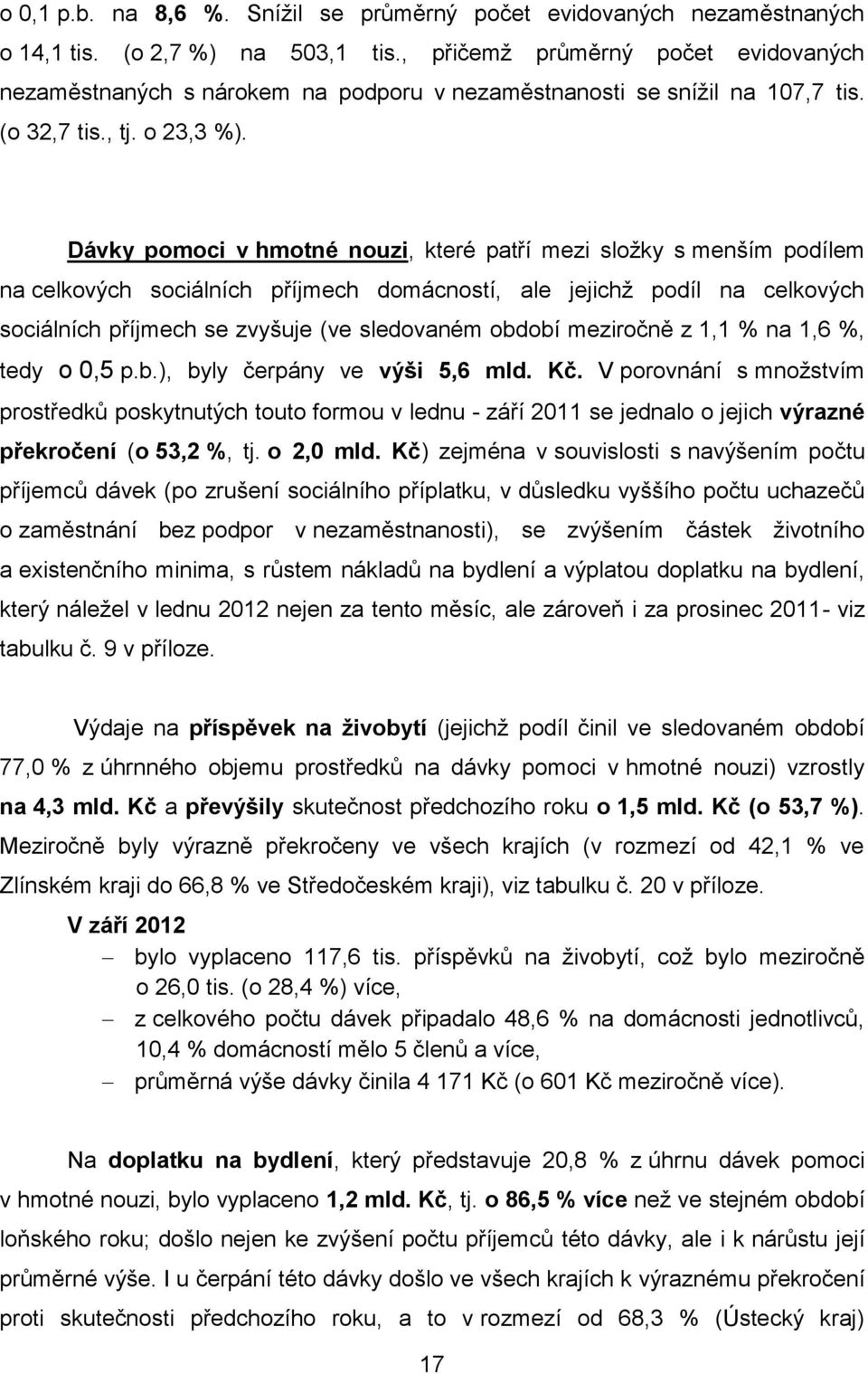 Dávky pomoci v hmotné nouzi, které patří mezi složky s menším podílem na celkových sociálních příjmech domácností, ale jejichž podíl na celkových sociálních příjmech se zvyšuje (ve sledovaném období