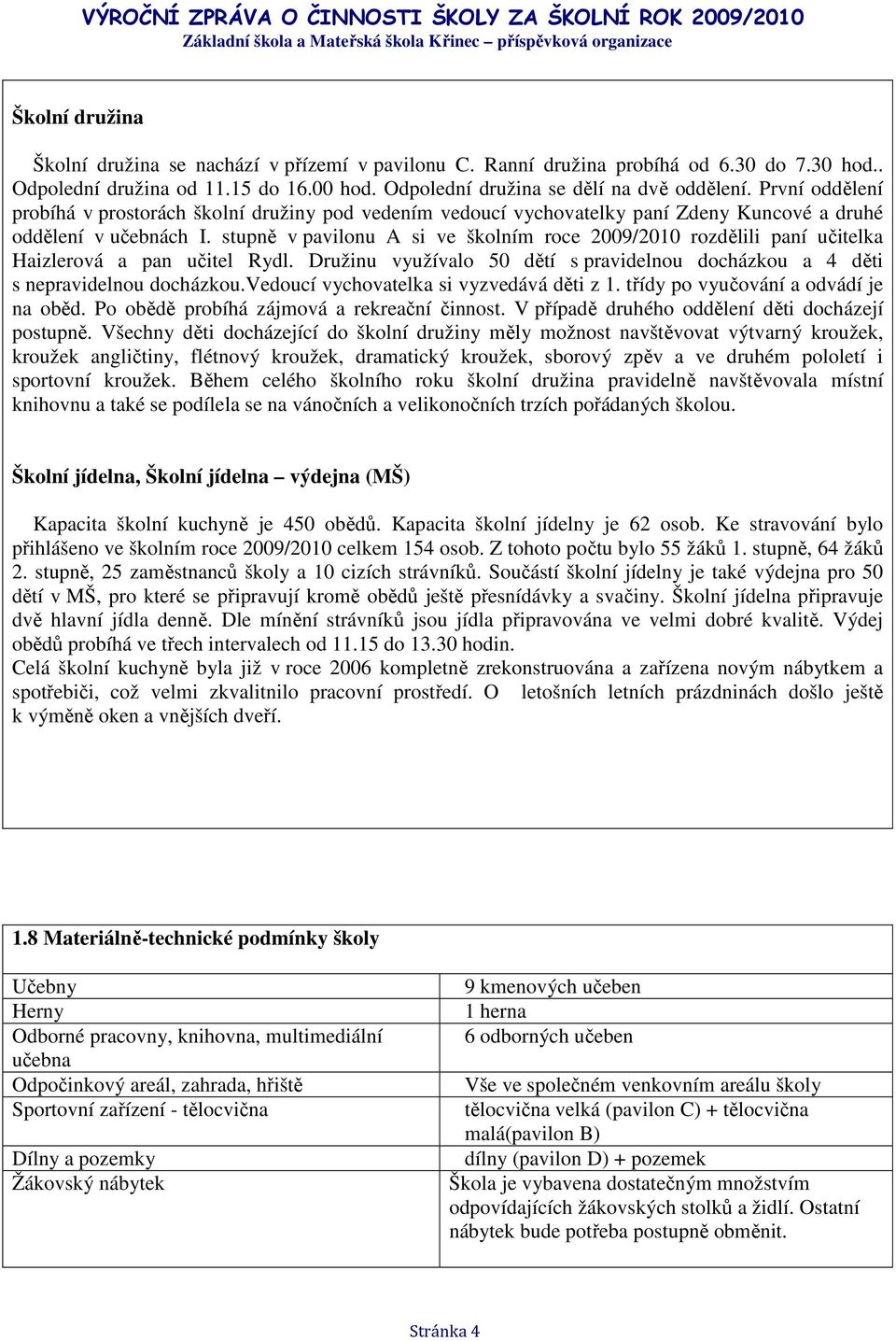 stupně v pavilonu A si ve školním roce 2009/2010 rozdělili paní učitelka Haizlerová a pan učitel Rydl. Družinu využívalo 50 dětí s pravidelnou docházkou a 4 děti s nepravidelnou docházkou.