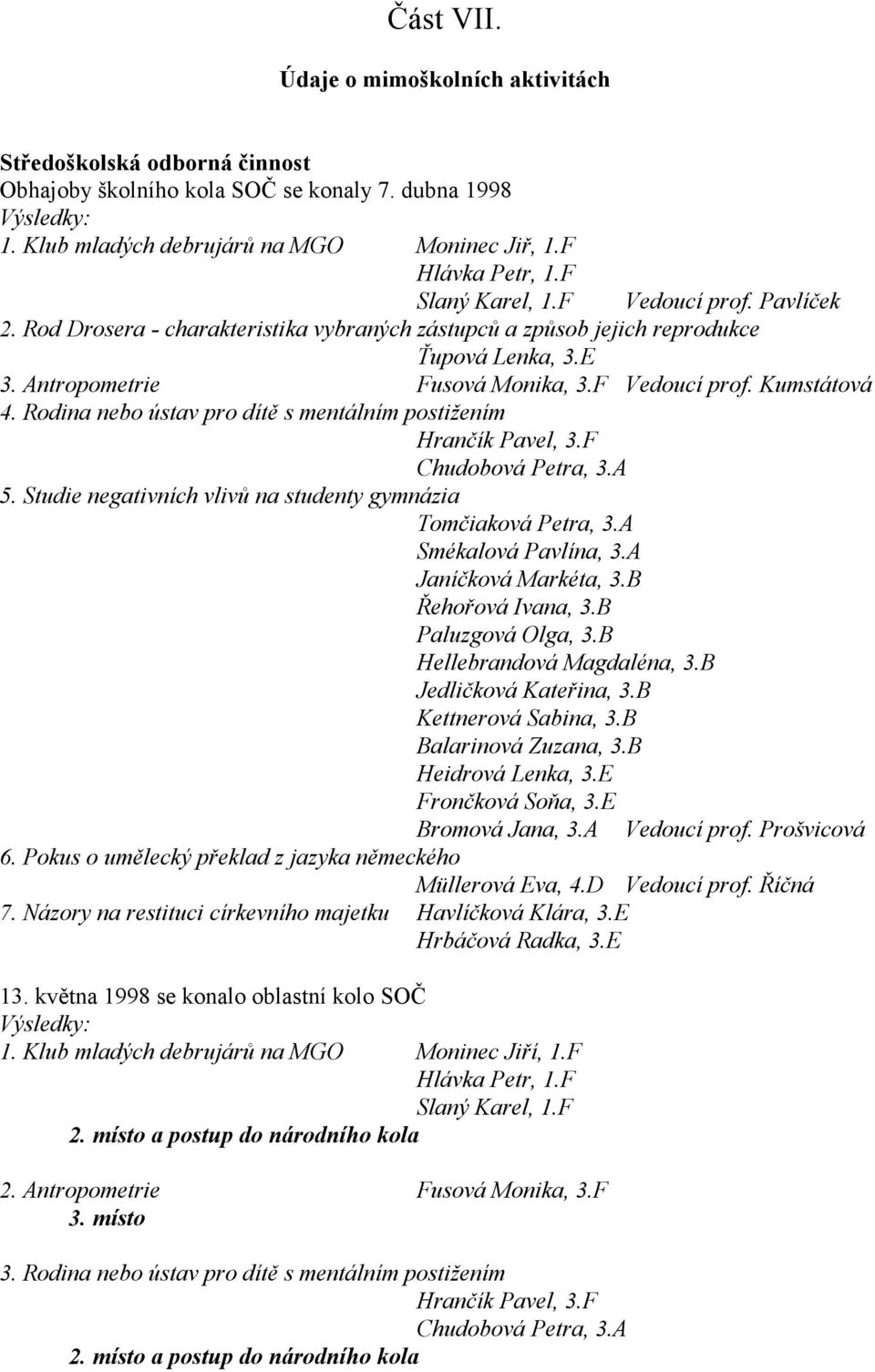 Rodina nebo ústav pro dítě s mentálním postižením Hrančík Pavel, 3.F Chudobová Petra, 3.A 5. Studie negativních vlivů na studenty gymnázia Tomčiaková Petra, 3.A Smékalová Pavlína, 3.