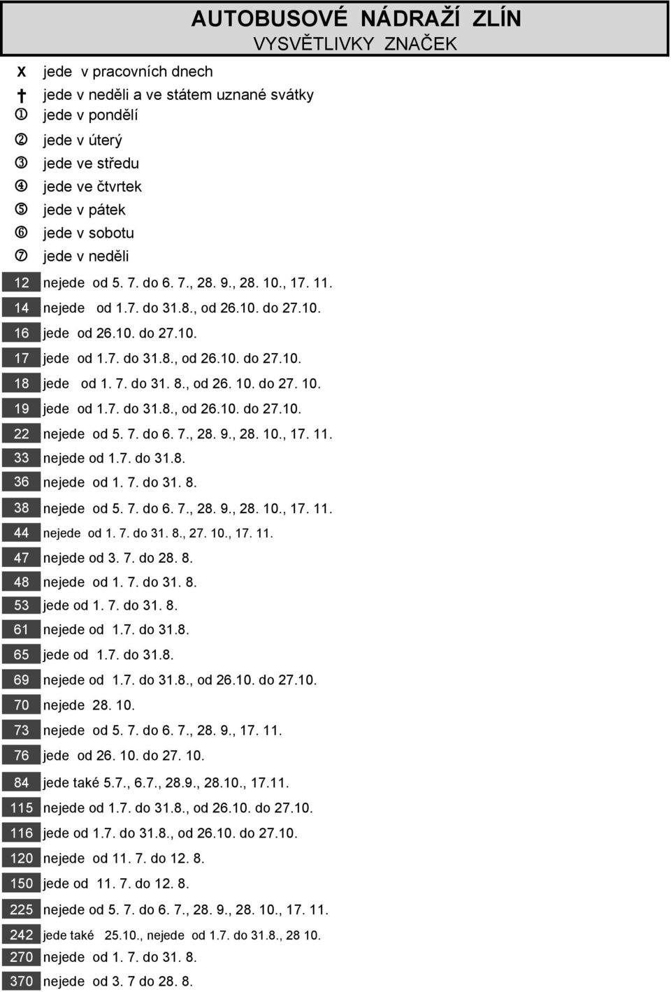 7. do 31.8., od 26.10. do 27.10. 22 nejede od 5. 7. do 6. 7., 28. 9., 28. 10., 17. 11. 33 nejede od 1.7. do 31.8. 36 nejede od 1. 7. do 31. 8. 38 nejede od 5. 7. do 6. 7., 28. 9., 28. 10., 17. 11. 44 nejede od 1.