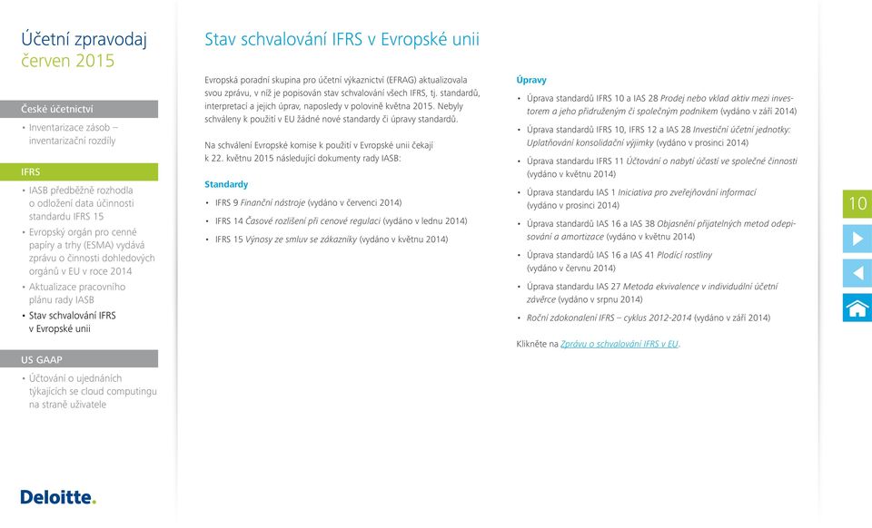 květnu 2015 následující dokumenty rady IASB: Standardy 9 Finanční nástroje (vydáno v červenci 2014) 14 Časové rozlišení při cenové regulaci (vydáno v lednu 2014) 15 Výnosy ze smluv se zákazníky