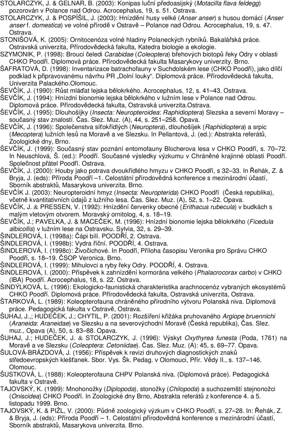 (2005): Ornitocenóza volné hladiny Polaneckých rybníků. Bakalářská práce. Ostravská univerzita, Přírodovědecká fakulta, Katedra biologie a ekologie. SZYMONIK, P.