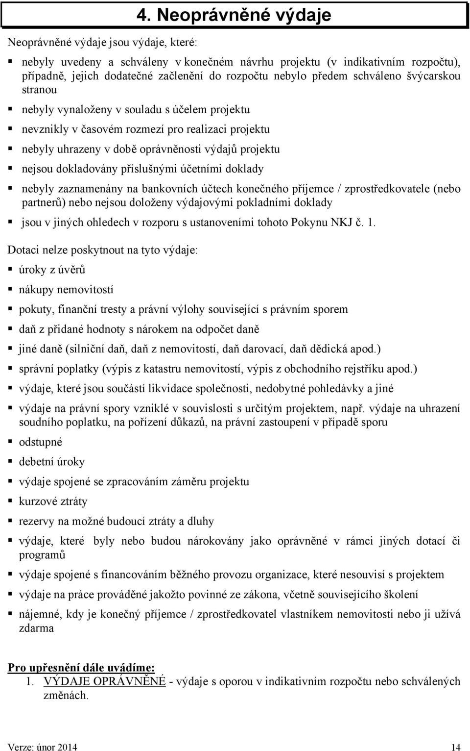 vynaloženy v souladu s účelem projektu nevznikly v časovém rozmezí pro realizaci projektu nebyly uhrazeny v době oprávněnosti výdajů projektu nejsou dokladovány příslušnými účetními doklady nebyly