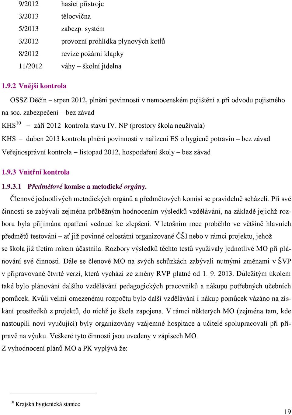 NP (prostory škola neužívala) KHS duben 2013 kontrola plnění povinností v nařízení ES o hygieně potravin bez závad Veřejnosprávní kontrola listopad 2012, hospodaření školy bez závad 1.9.