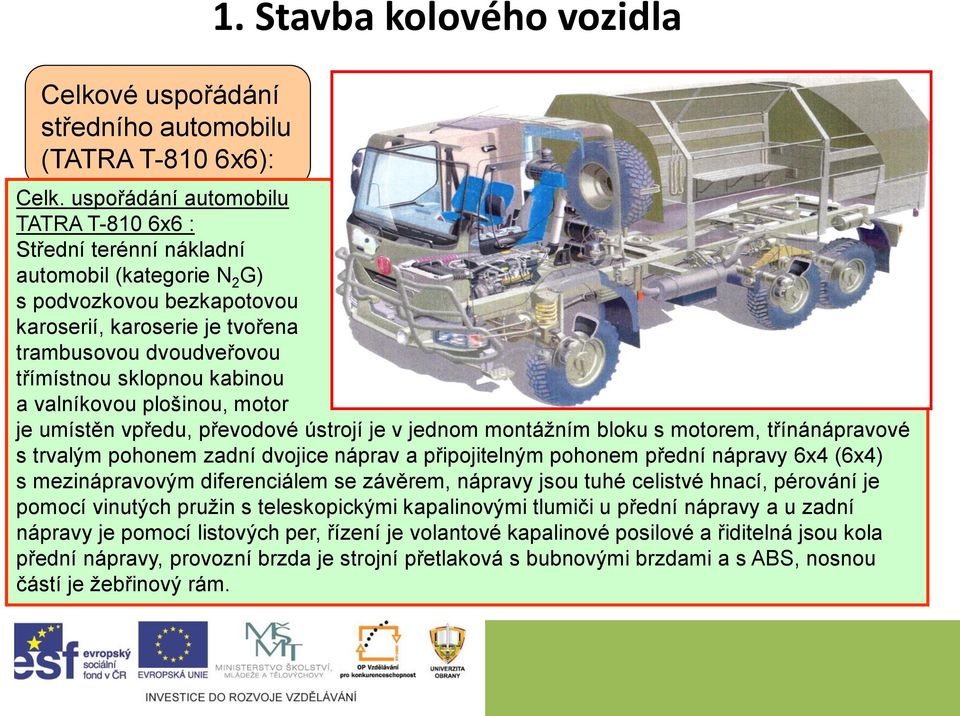 kabinou a valníkovou plošinou, motor je umístěn vpředu, převodové ústrojí je v jednom montážním bloku s motorem, třínánápravové s trvalým pohonem zadní dvojice náprav a připojitelným pohonem přední