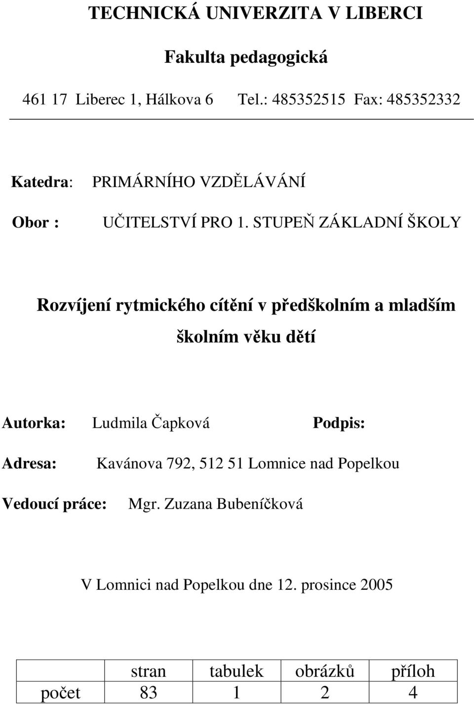 STUPEŇ ZÁKLADNÍ ŠKOLY Rozvíjení rytmického cítění v předškolním a mladším školním věku dětí Autorka: Ludmila Čapková