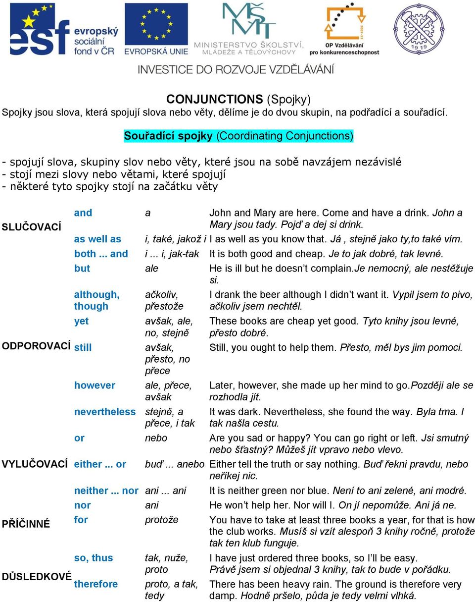 na začátku věty SLUČOVACÍ ODPOROVACÍ still VYLUČOVACÍ PŘÍČINNÉ and a John and Mary are here. Come and have a drink. John a Mary jsou tady. Pojď a dej si drink.