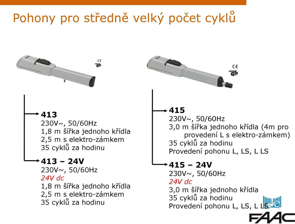 230V~, 50/60Hz 3,0 m šířka jednoho křídla (4m pro provedení L s elektro-zámkem) 35 cyklů za hodinu Provedení