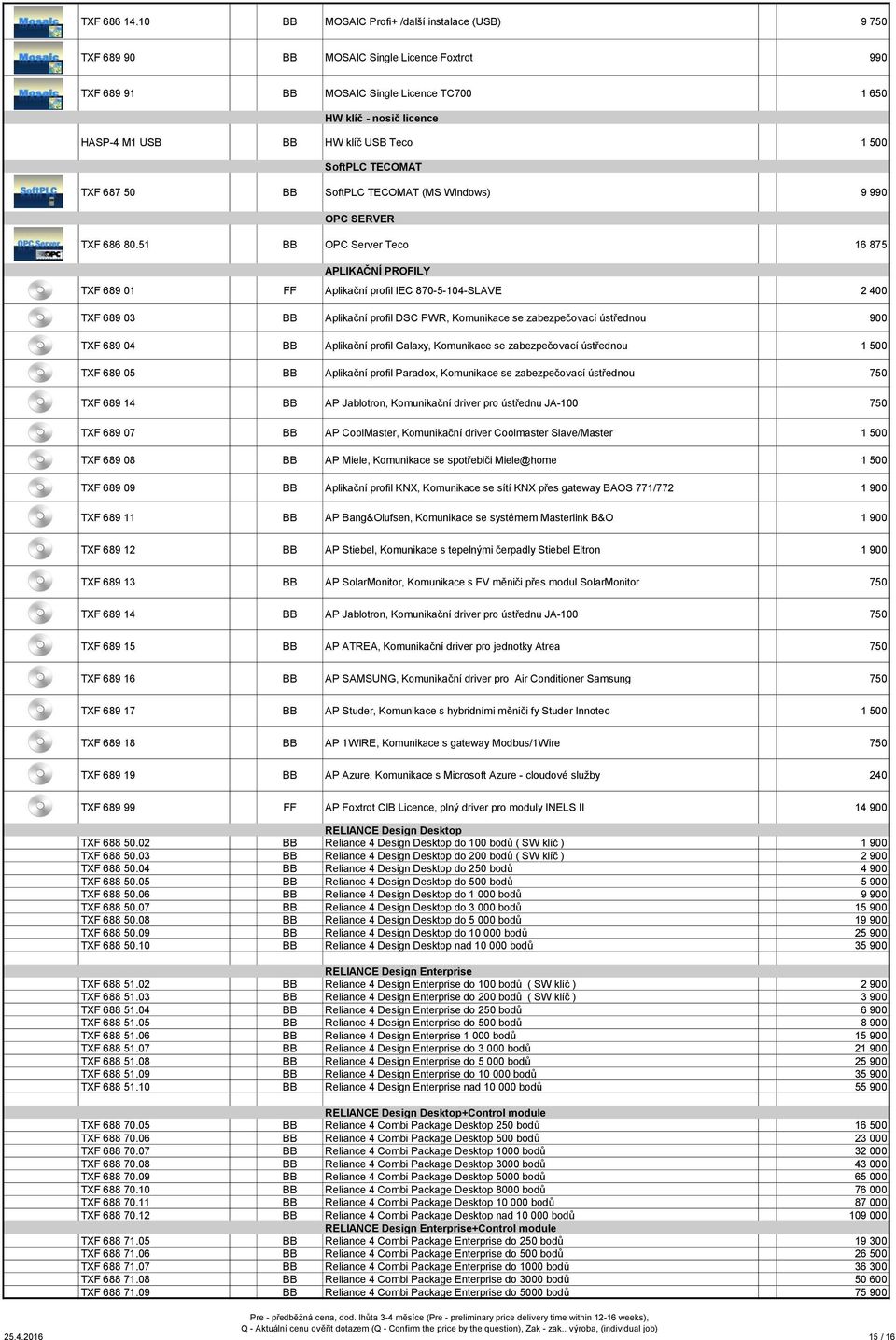 Teco 1 500 SoftPLC TECOMAT TXF 687 50 BB SoftPLC TECOMAT (MS Windows) 9 990 OPC SERVER TXF 686 80.