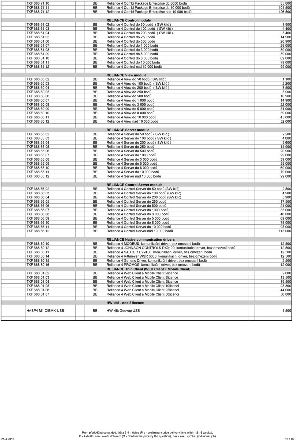 03 BB Reliance 4 Control do 100 bodů ( SW klíč ) 4 400 TXF 688 61.04 BB Reliance 4 Control do 200 bodů ( SW klíč ) 5 400 TXF 688 61.05 BB Reliance 4 Control do 250 bodů 14 900 TXF 688 61.