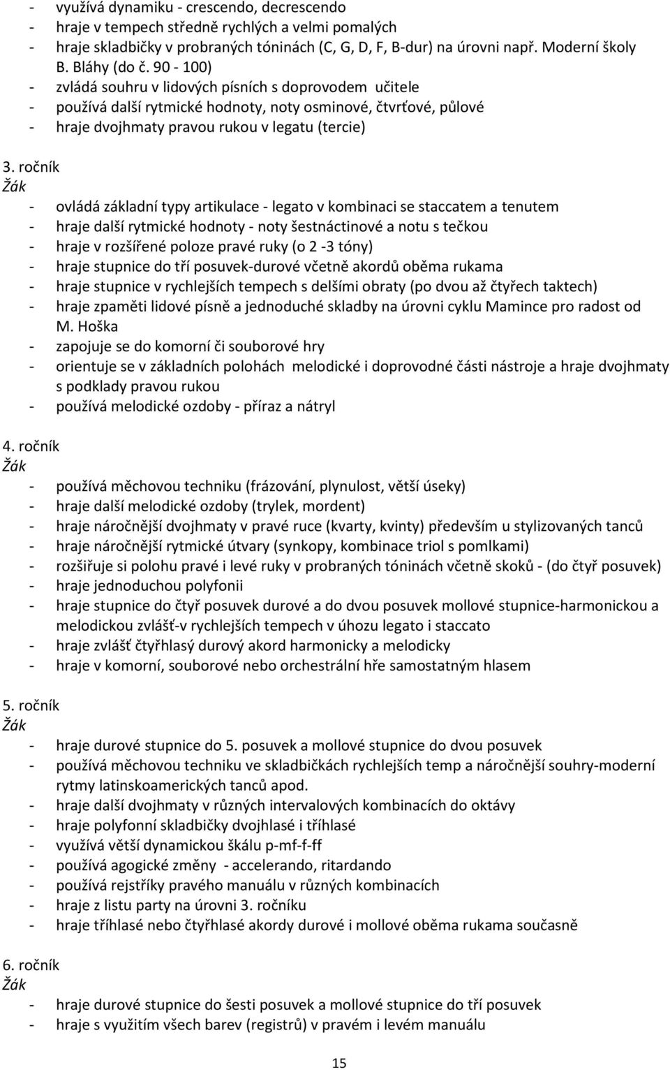 ročník - ovládá základní typy artikulace - legato v kombinaci se staccatem a tenutem - hraje další rytmické hodnoty - noty šestnáctinové a notu s tečkou - hraje v rozšířené poloze pravé ruky (o 2-3