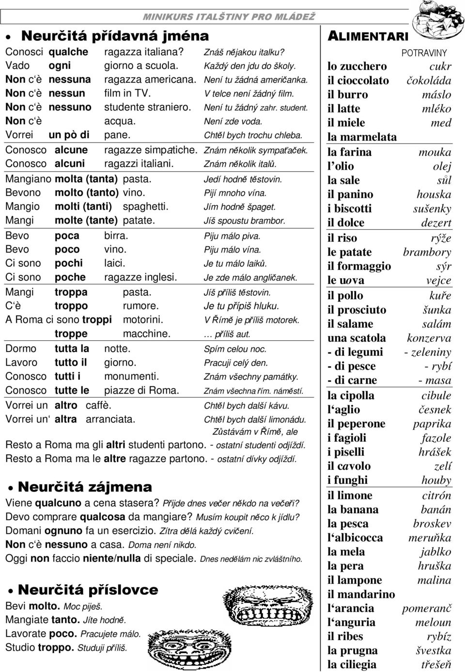 Conosco alcune ragazze simpatiche. Znám nkolik sympaaek. Conosco alcuni ragazzi italiani. Znám nkolik ital. Mangiano molta (tanta) pasta. Jedí hodn tstovin. Bevono molto (tanto) vino. Pijí mnoho vína.