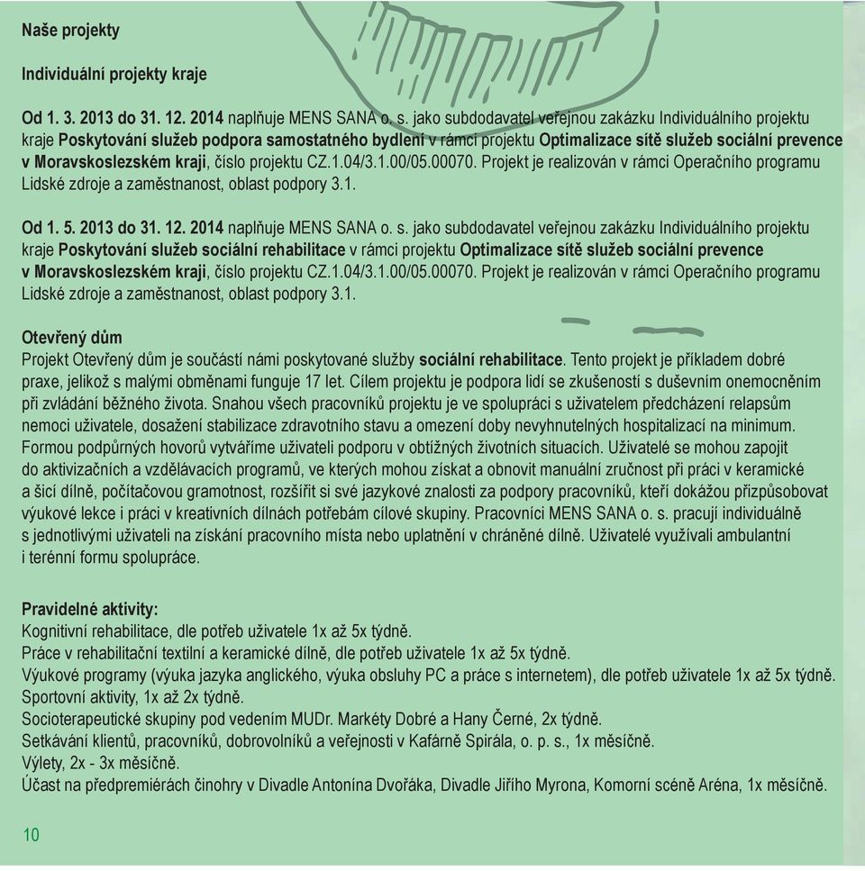 číslo projektu CZ.1.04/3.1.00/05.00070. Projekt je realizován v rámci Operačního programu Lidské zdroje a zaměstnanost, oblast podpory 3.1. Od 1. 5. 2013 do 31. 12. 2014 naplňuje MENS SANA o. s.