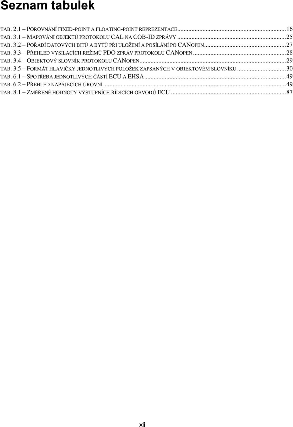 3.4 OBJEKTOVÝ SLOVNÍK PROTOKOLU CANOPEN... 29 TAB. 3.5 FORMÁT HLAVIČKY JEDNOTLIVÝCH POLOŽEK ZAPSANÝCH V OBJEKTOVÉM SLOVNÍKU... 30 TAB. 6.