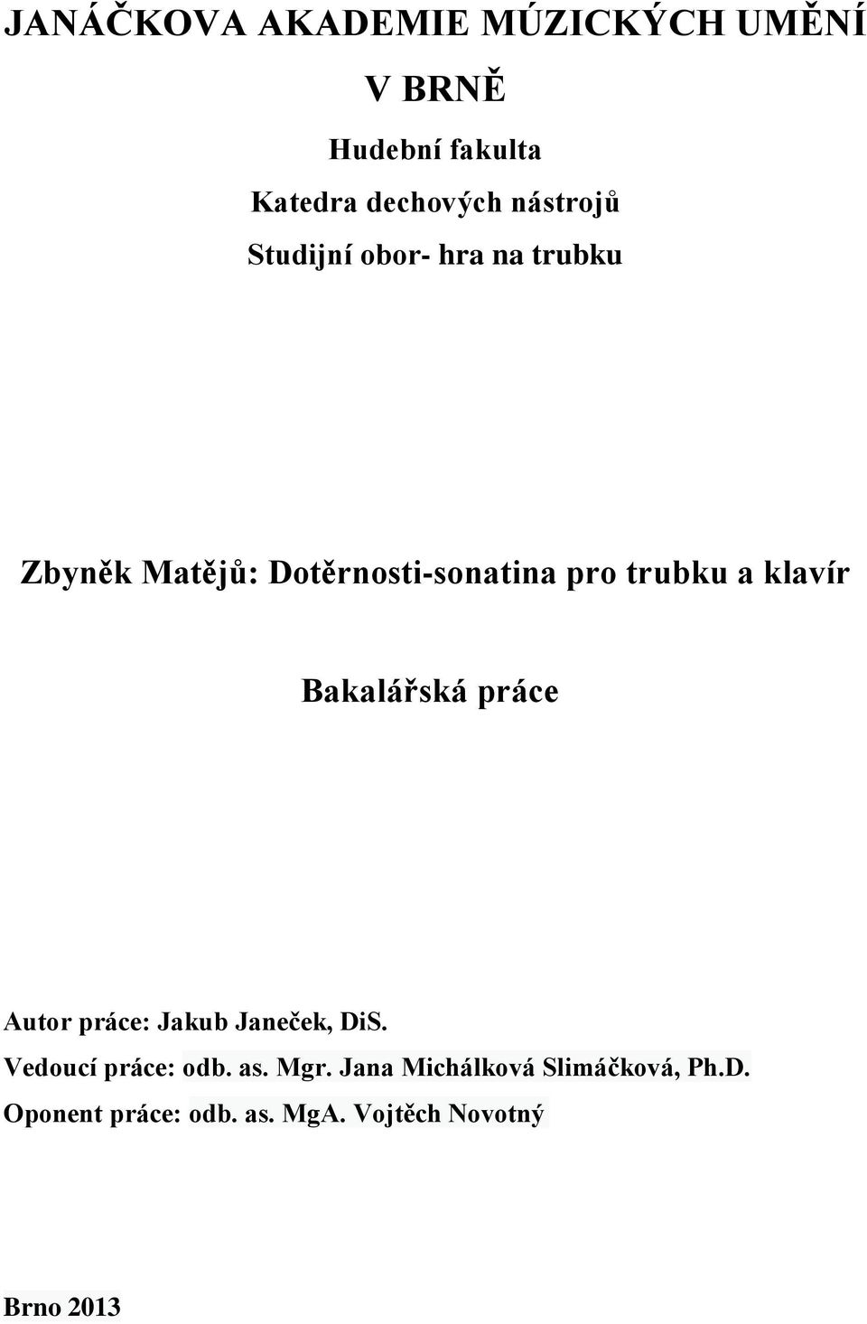 a klavír Bakalářská práce Autor práce: Jakub Janeček, DiS. Vedoucí práce: odb. as.