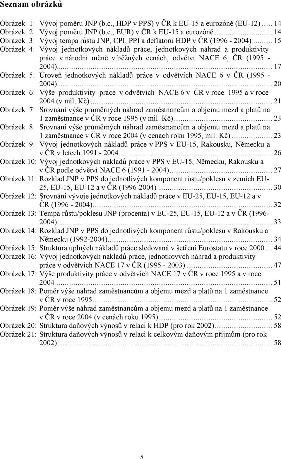 .. 15 Obrázek 4: Vývoj jednotkových nákladů, jednotkových náhrad a produktivity v národní měně v běžných cenách, odvětví NACE 6, ČR (1995-2004).