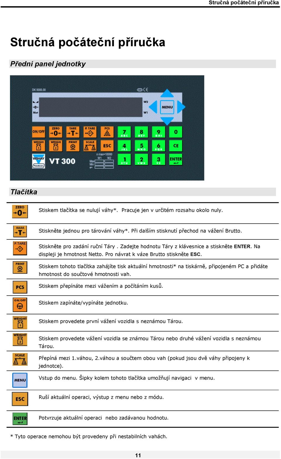 Pro návrat k váze Brutto stiskněte ESC. Stiskem tohoto tlačítka zahájíte tisk aktuální hmotnosti* na tiskárně, připojeném PC a přidáte hmotnost do součtové hmotnosti vah.