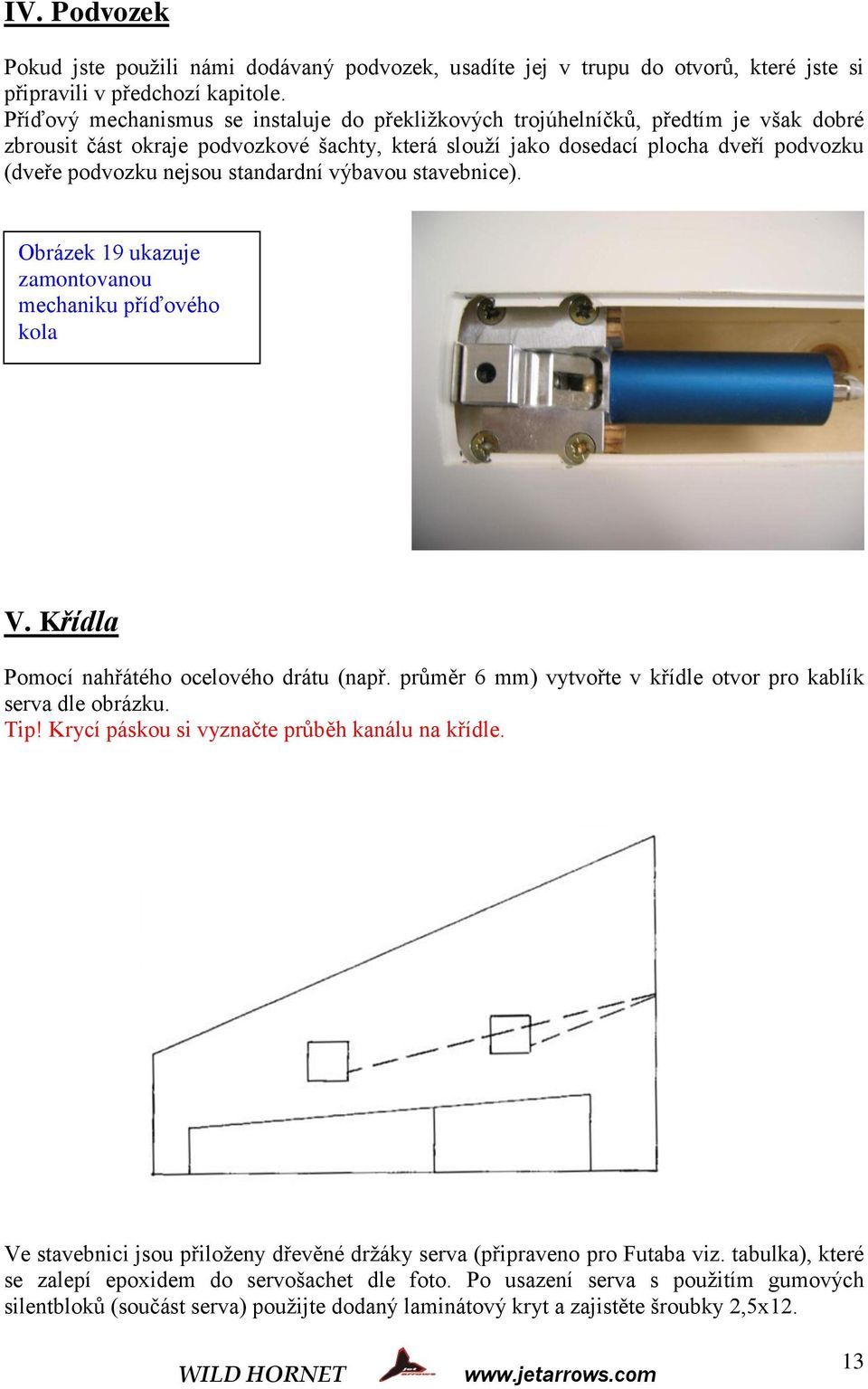 standardní výbavou stavebnice). Obrázek 19 ukazuje zamontovanou mechaniku příďového kola V. Křídla Pomocí nahřátého ocelového drátu (např.