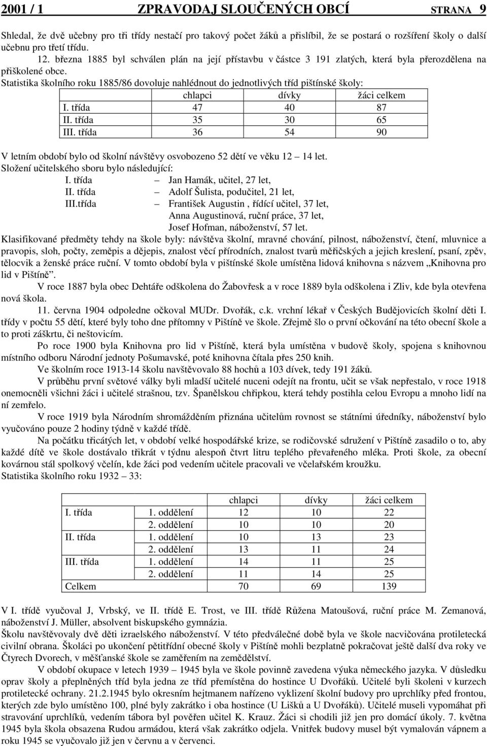 Statistika školního roku 1885/86 dovoluje nahlédnout do jednotlivých tříd pištínské školy: chlapci dívky žáci celkem I. třída 47 40 87 II. třída 35 30 65 III.