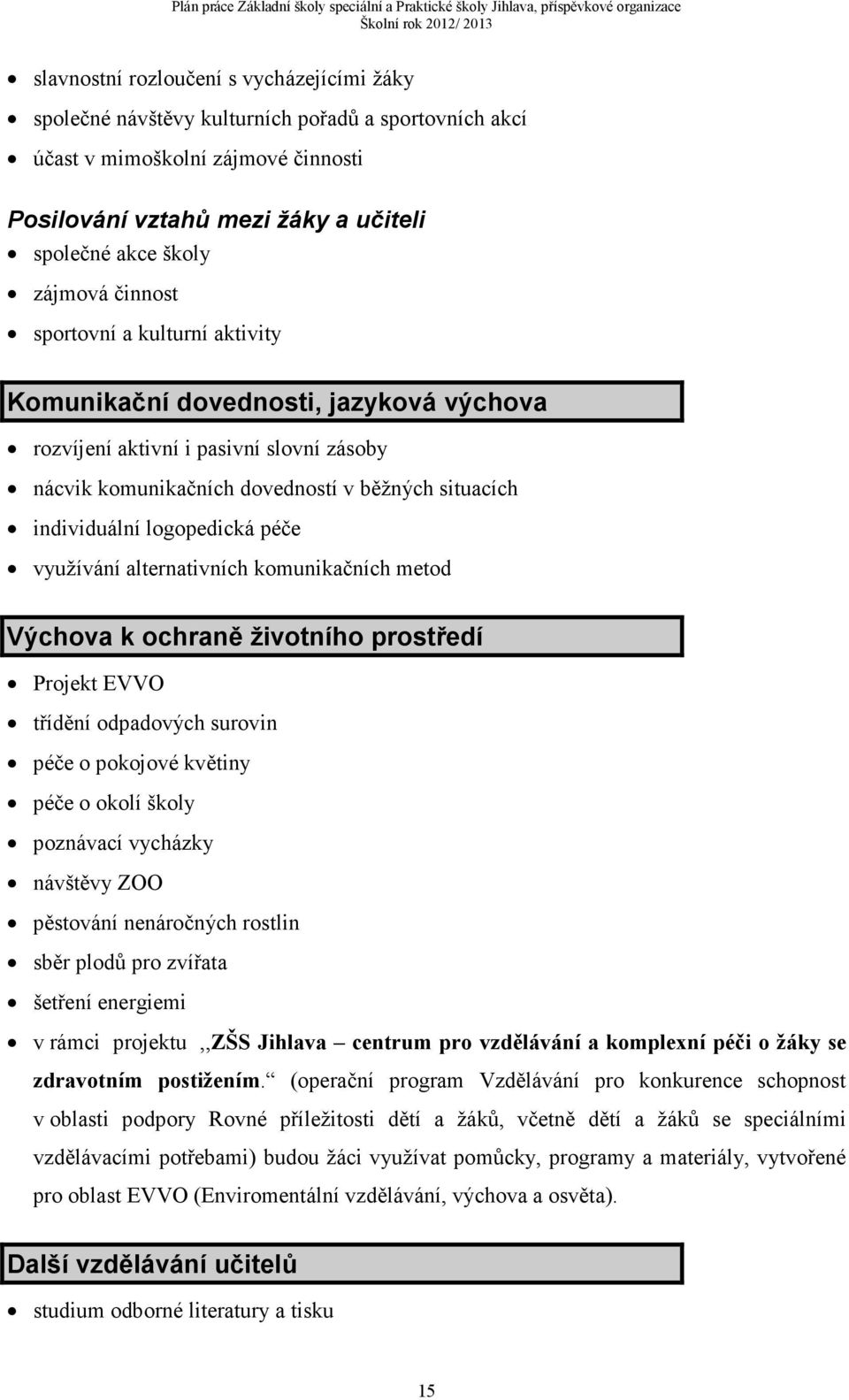 péče využívání alternativních komunikačních metod Výchova k ochraně životního prostředí Projekt EVVO třídění odpadových surovin péče o pokojové květiny péče o okolí školy poznávací vycházky návštěvy