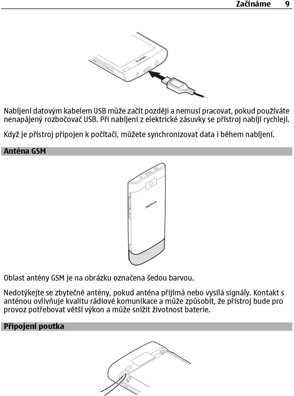 Anténa GSM Oblast antény GSM je na obrázku označena šedou barvou. Nedotýkejte se zbytečně antény, pokud anténa přijímá nebo vysílá signály.