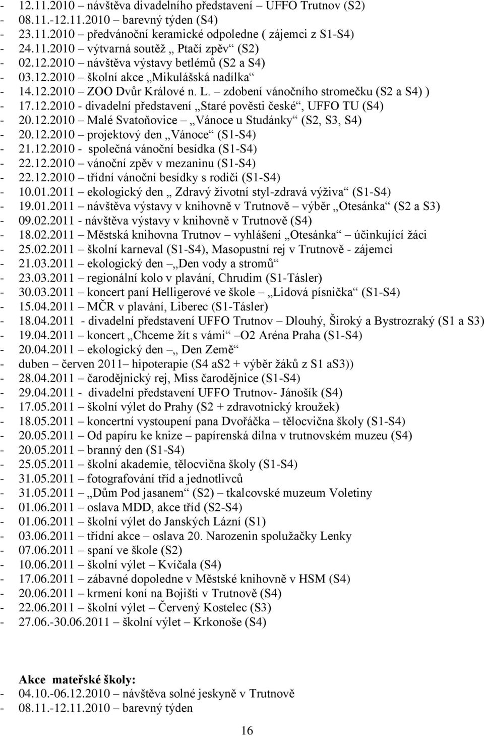 12.2010 Malé Svatoňovice Vánoce u Studánky (S2, S3, S4) - 20.12.2010 projektový den Vánoce (S1-S4) - 21.12.2010 - společná vánoční besídka (S1-S4) - 22.12.2010 vánoční zpěv v mezaninu (S1-S4) - 22.12.2010 třídní vánoční besídky s rodiči (S1-S4) - 10.