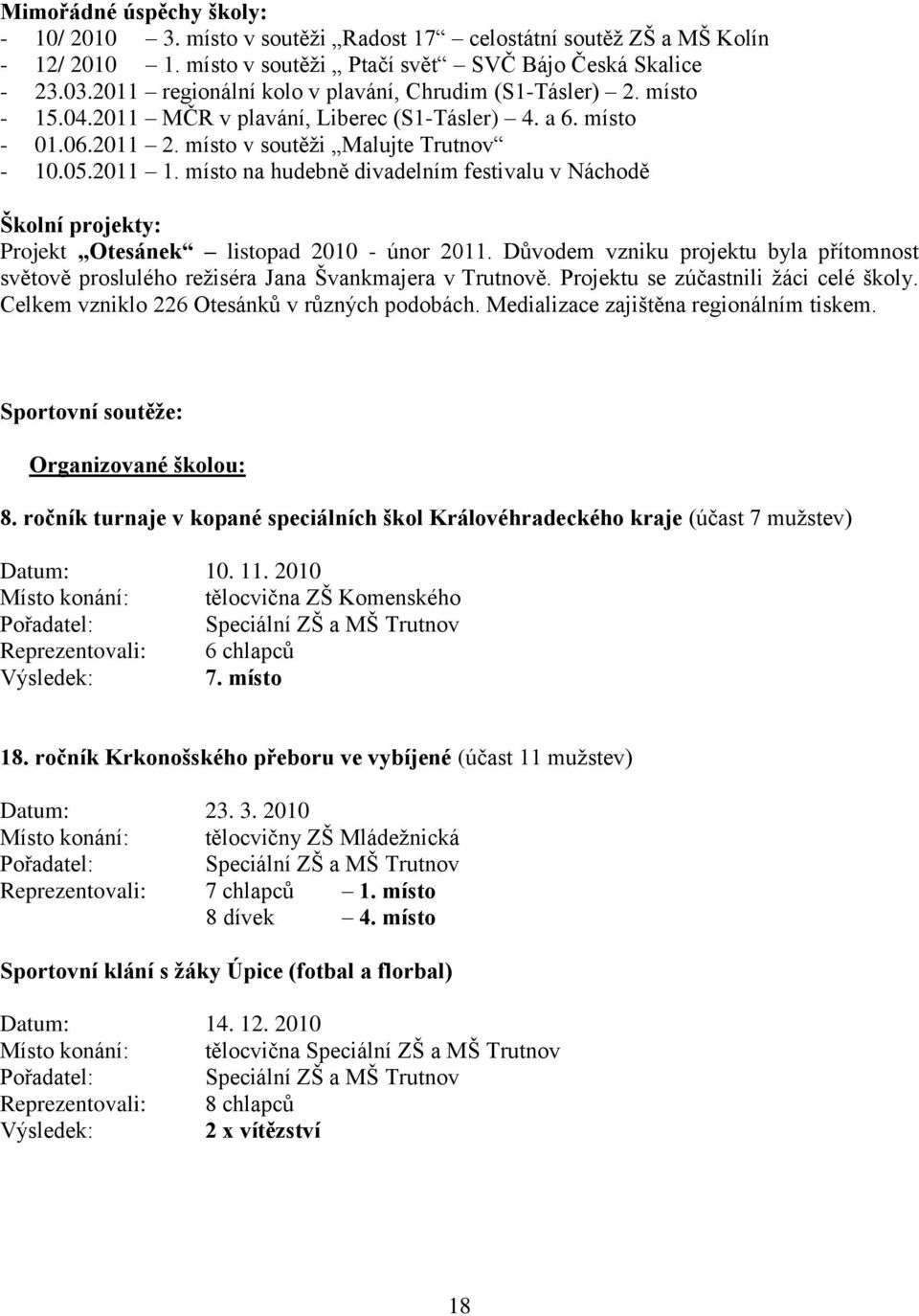 místo na hudebně divadelním festivalu v Náchodě Školní projekty: Projekt Otesánek listopad 2010 - únor 2011.