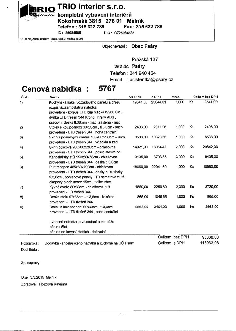 Celkem bez DPH 1) Kuchyňská linka vč.zádového panelu a dřezu 19541,00 23644,61 1,000 Ks 19541,00 rozpis viz.