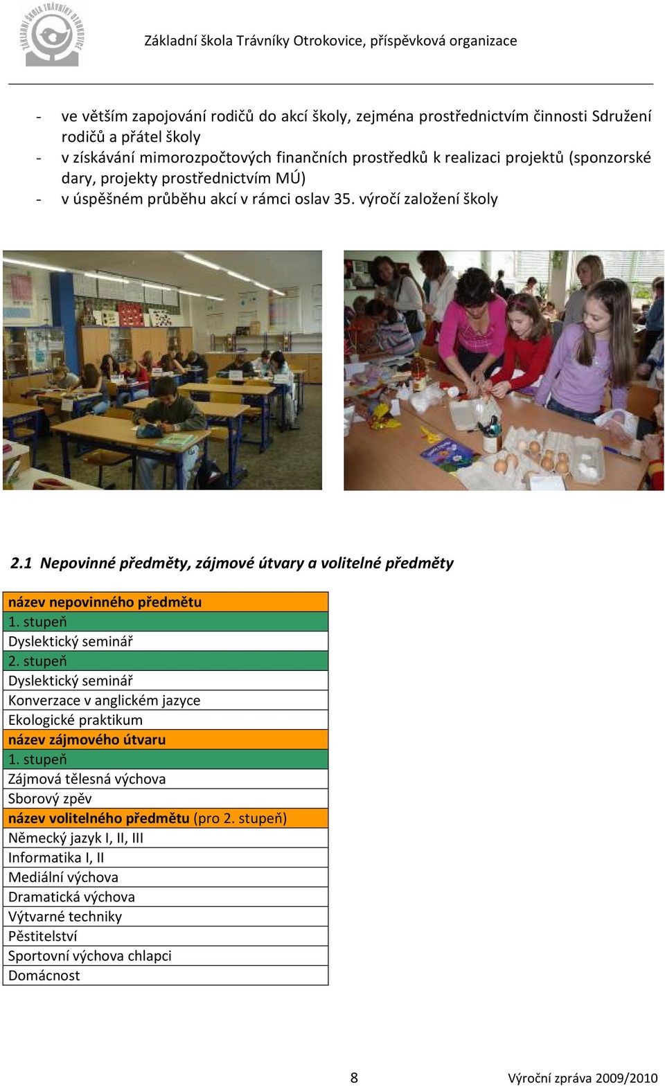 stupeň Dyslektický seminář 2. stupeň Dyslektický seminář Konverzace v anglickém jazyce Ekologické praktikum název zájmového útvaru 1.