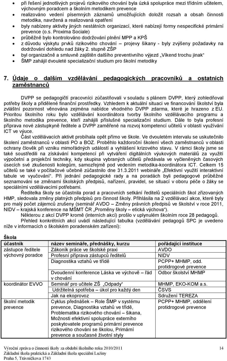 h a obsah činnosti metodika, navrţená a realizovaná opatření byly nabízeny aktivity jiných nestátních organizací, které nabízejí formy nespecifické primární prevence (o.s. Proxima Sociale) průběţně bylo kontrolováno dodrţování plnění MPP a KPŠ z důvodu výskytu prvků rizikového chování projevy šikany - byly zvýšeny poţadavky na dodrţování dohledu nad ţáky 2.