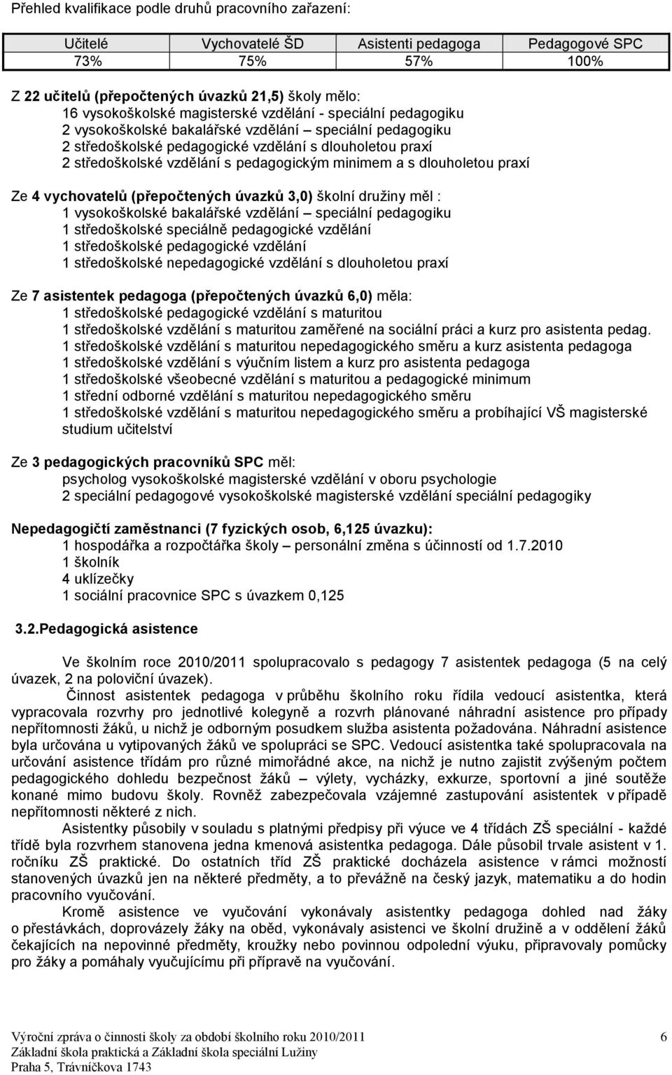 minimem a s dlouholetou praxí Ze 4 vychovatelů (přepočtených úvazků 3,0) školní druţiny měl : 1 vysokoškolské bakalářské vzdělání speciální pedagogiku 1 středoškolské speciálně pedagogické vzdělání 1