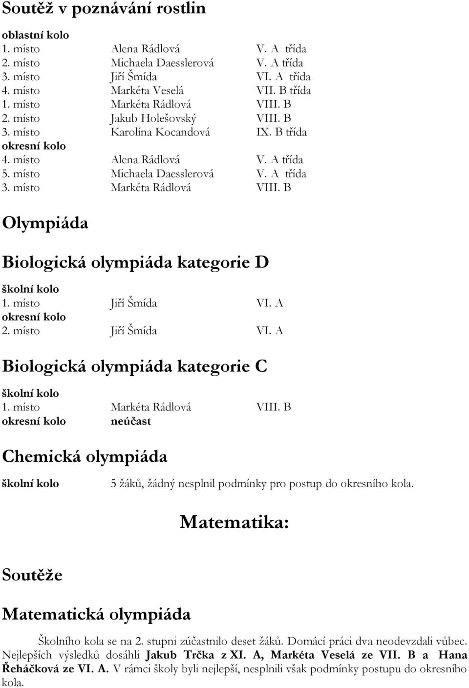 místo Markéta Rádlová VIII. B Olympiáda Biologická olympiáda kategorie D školní kolo 1. místo Jiří Šmída VI. A okresní kolo 2. místo Jiří Šmída VI. A Biologická olympiáda kategorie C školní kolo 1.