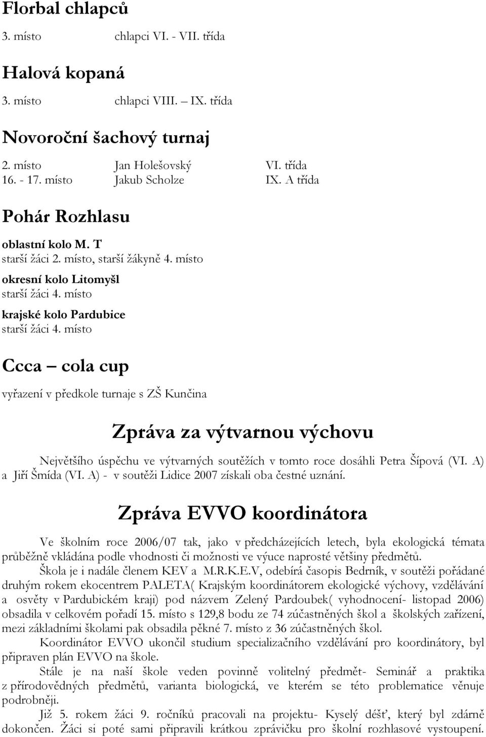 místo Ccca cola cup vyřazení v předkole turnaje s ZŠ Kunčina Zpráva za výtvarnou výchovu Největšího úspěchu ve výtvarných soutěţích v tomto roce dosáhli Petra Šípová (VI. A) a Jiří Šmída (VI.