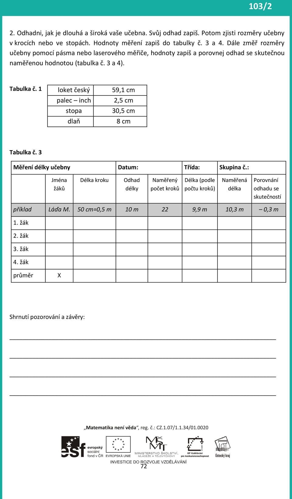 1 loket český palec inch stopa dlaň 59,1 cm 2,5 cm 30,5 cm 8 cm Tabulka č. 3 Měření délky učebny Datum: Třída: Skupina č.