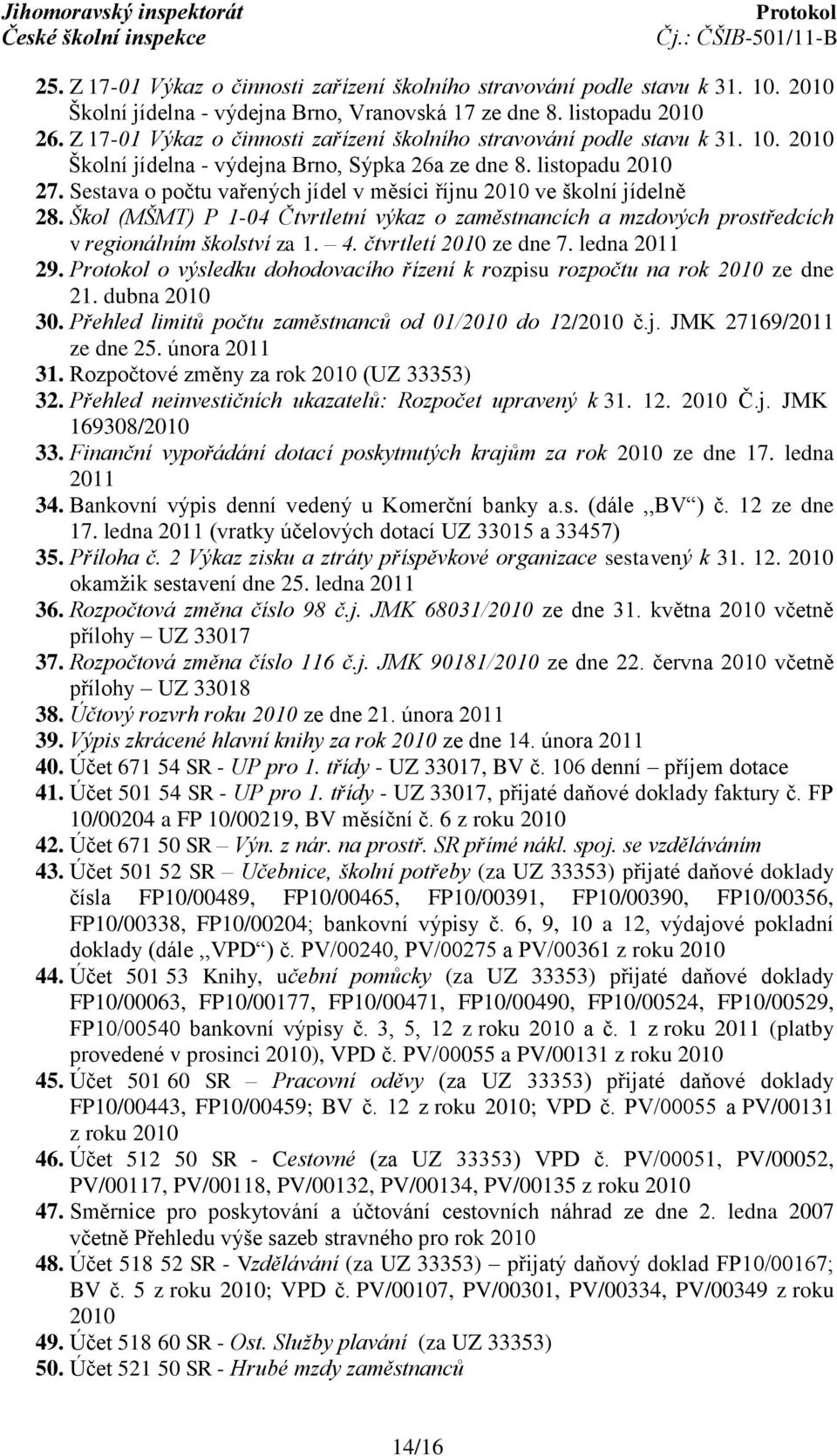 Sestava o počtu vařených jídel v měsíci říjnu 2010 ve školní jídelně 28. Škol (MŠMT) P 1-04 Čtvrtletní výkaz o zaměstnancích a mzdových prostředcích v regionálním školství za 1. 4.