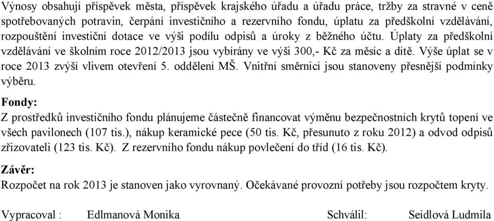 Výše úplat se v roce 2013 zvýší vlivem otevření 5. oddělení MŠ. Vnitřní směrnicí jsou stanoveny přesnější podmínky výběru.