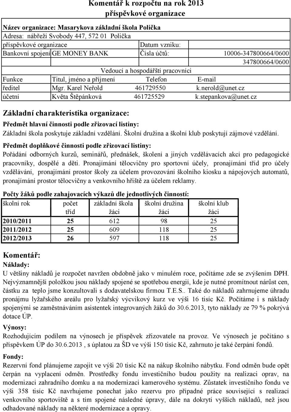 cz Základní charakteristika organizace: Komentář k rozpočtu na rok 2013 příspěvkové organizace Předmět hlavní činnosti podle zřizovací listiny: Základní škola poskytuje základní vzdělání.