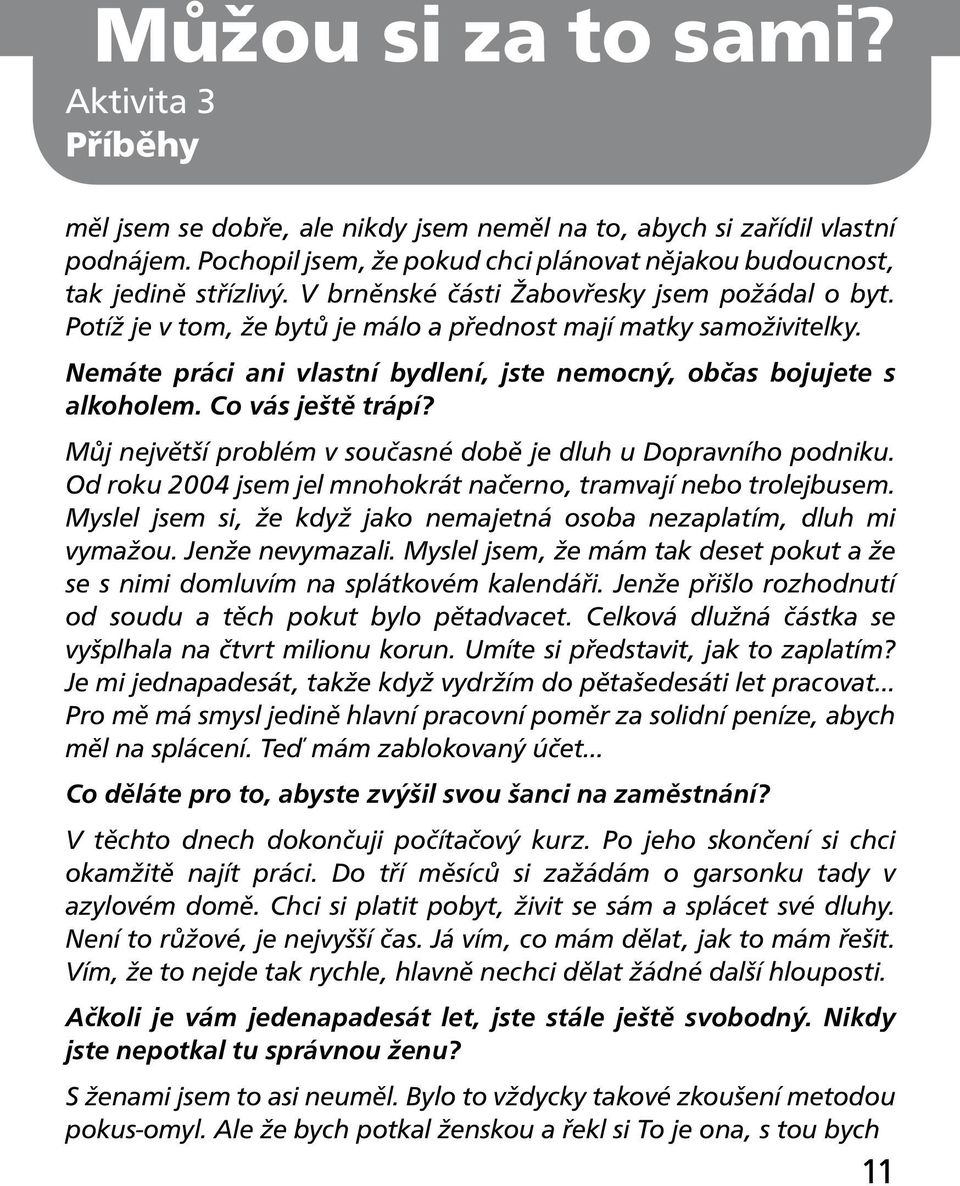 Nemáte práci ani vlastní bydlení, jste nemocný, občas bojujete s alkoholem. Co vás ještě trápí? Můj největší problém v současné době je dluh u Dopravního podniku.