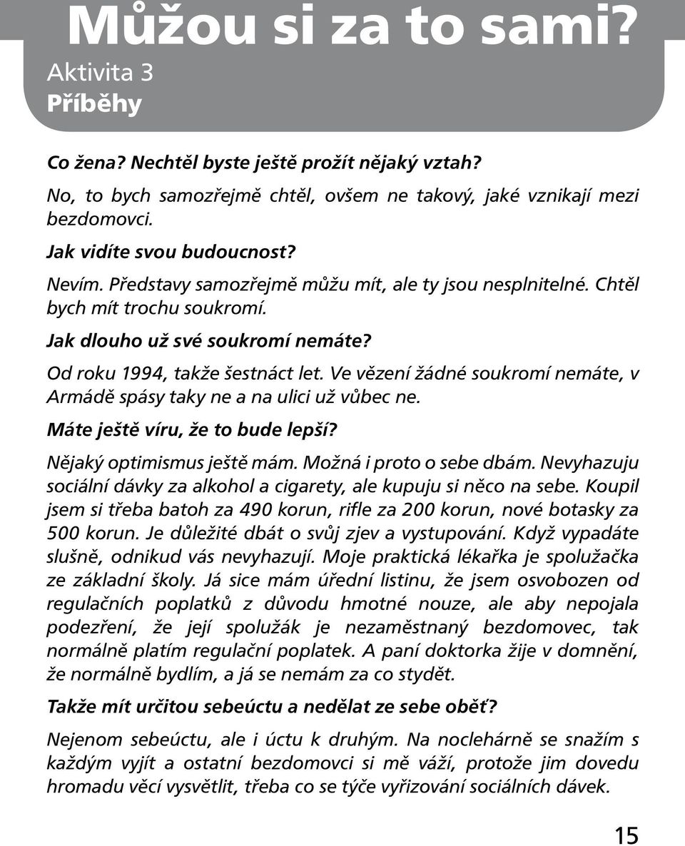 Ve vězení žádné soukromí nemáte, v Armádě spásy taky ne a na ulici už vůbec ne. Máte ještě víru, že to bude lepší? Nějaký optimismus ještě mám. Možná i proto o sebe dbám.