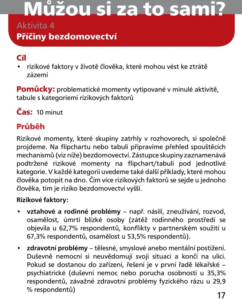 faktorů Čas: 10 minut Průběh Rizikové momenty, které skupiny zatrhly v rozhovorech, si společně projdeme. Na flipchartu nebo tabuli připravíme přehled spouštěcích mechanismů (viz níže) bezdomovectví.