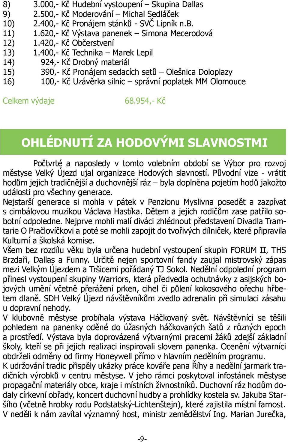 400,- Kč Technika Marek Lepil 14) 924,- Kč Drobný materiál 15) 390,- Kč Pronájem sedacích setů Olešnica Doloplazy 16) 100,- Kč Uzávěrka silnic správní poplatek MM Olomouce Celkem výdaje 68.