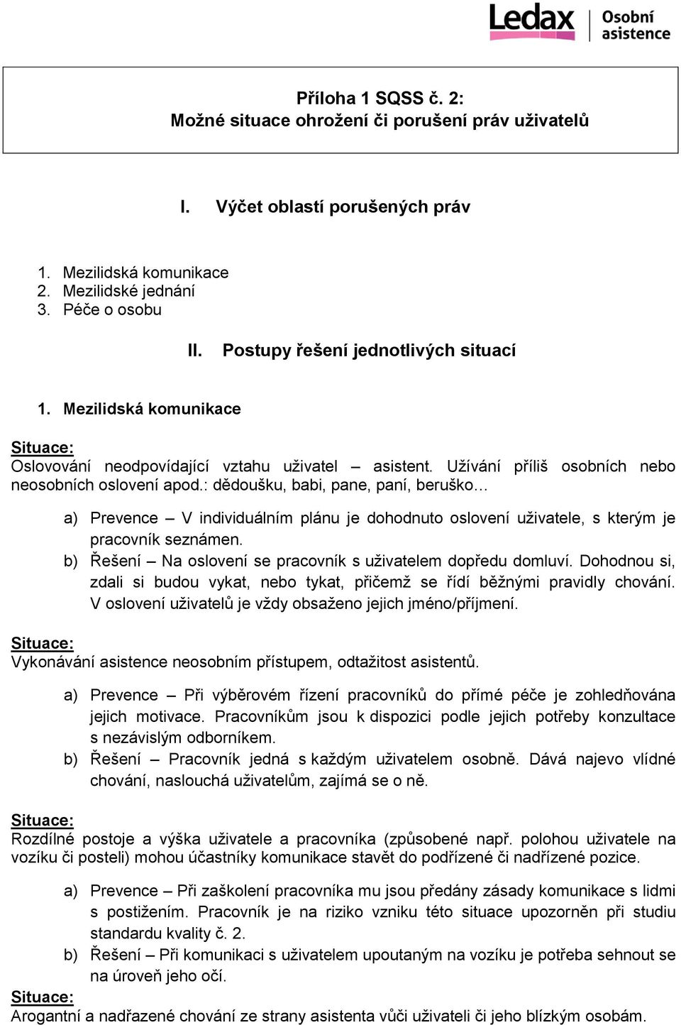 : dědoušku, babi, pane, paní, beruško a) Prevence V individuálním plánu je dohodnuto oslovení uživatele, s kterým je pracovník seznámen.