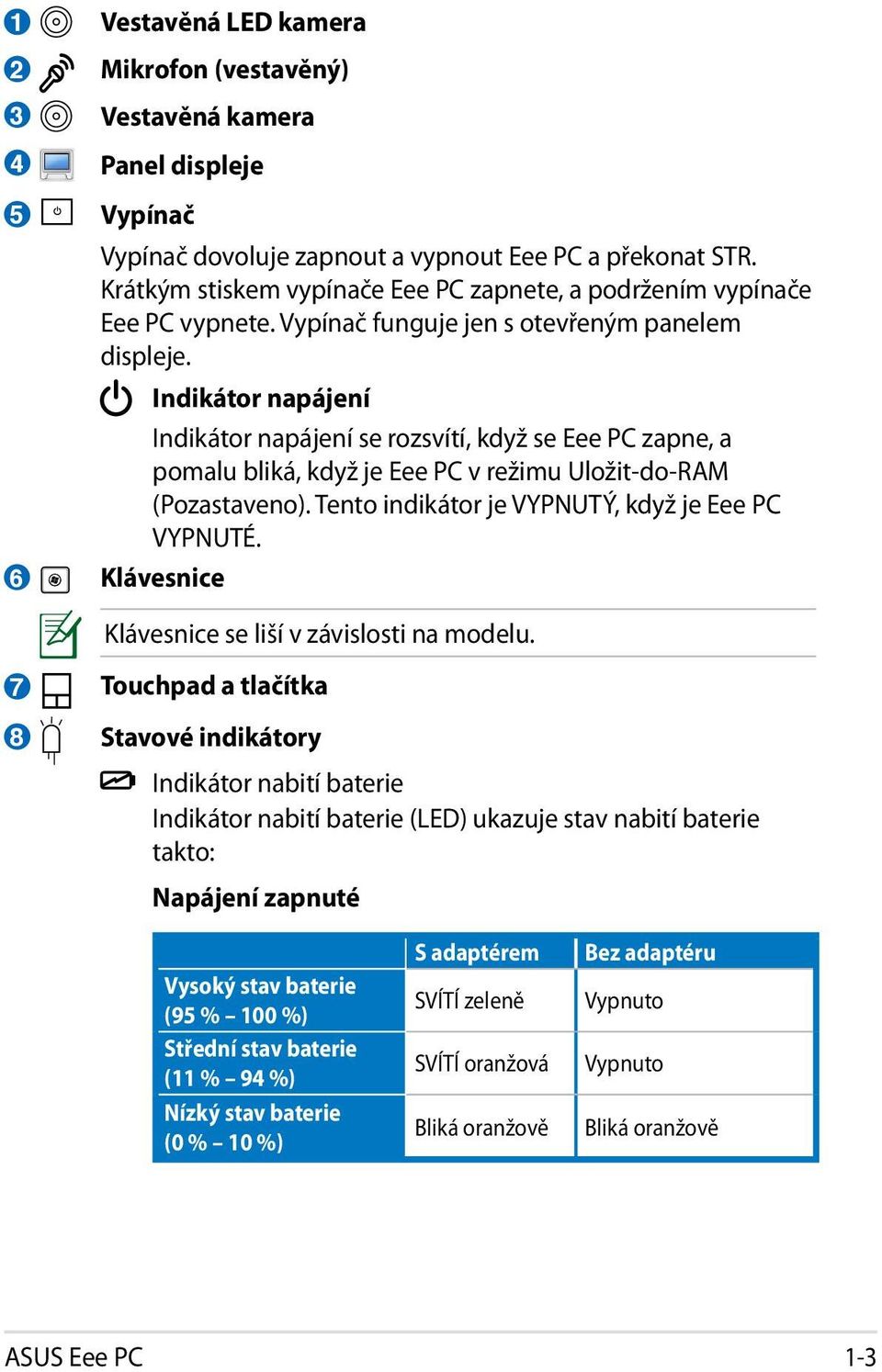 Indikátor napájení Indikátor napájení se rozsvítí, když se Eee PC zapne, a pomalu bliká, když je Eee PC v režimu Uložit-do-RAM (Pozastaveno). Tento indikátor je VYPNUTÝ, když je Eee PC VYPNUTÉ.